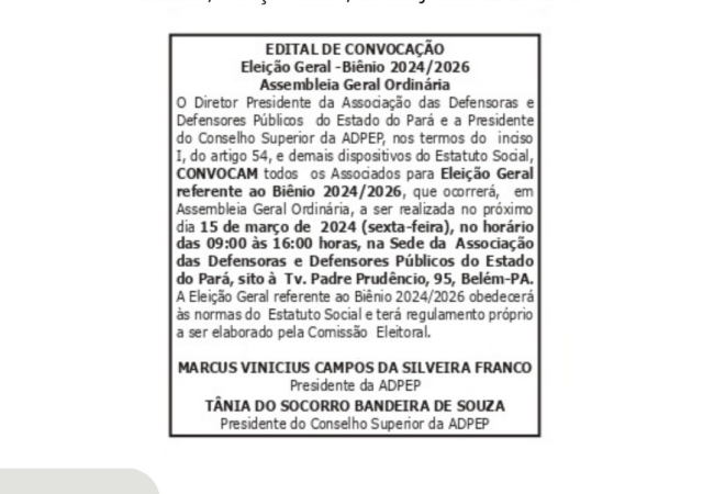ADPEP publica em jornal o Edital de Convocação referente à Eleição para o Biênio 2024/2026