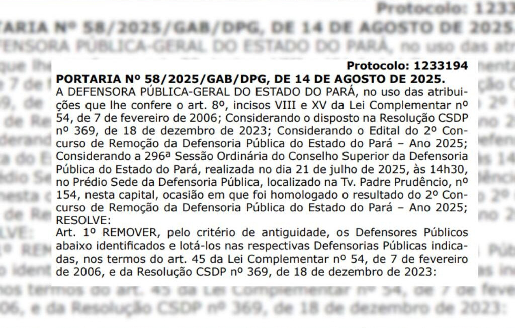 Defensoria Pública do Pará oficializa remoções em novo ciclo da carreira