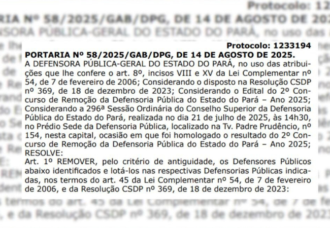 Defensoria Pública do Pará oficializa remoções em novo ciclo da carreira